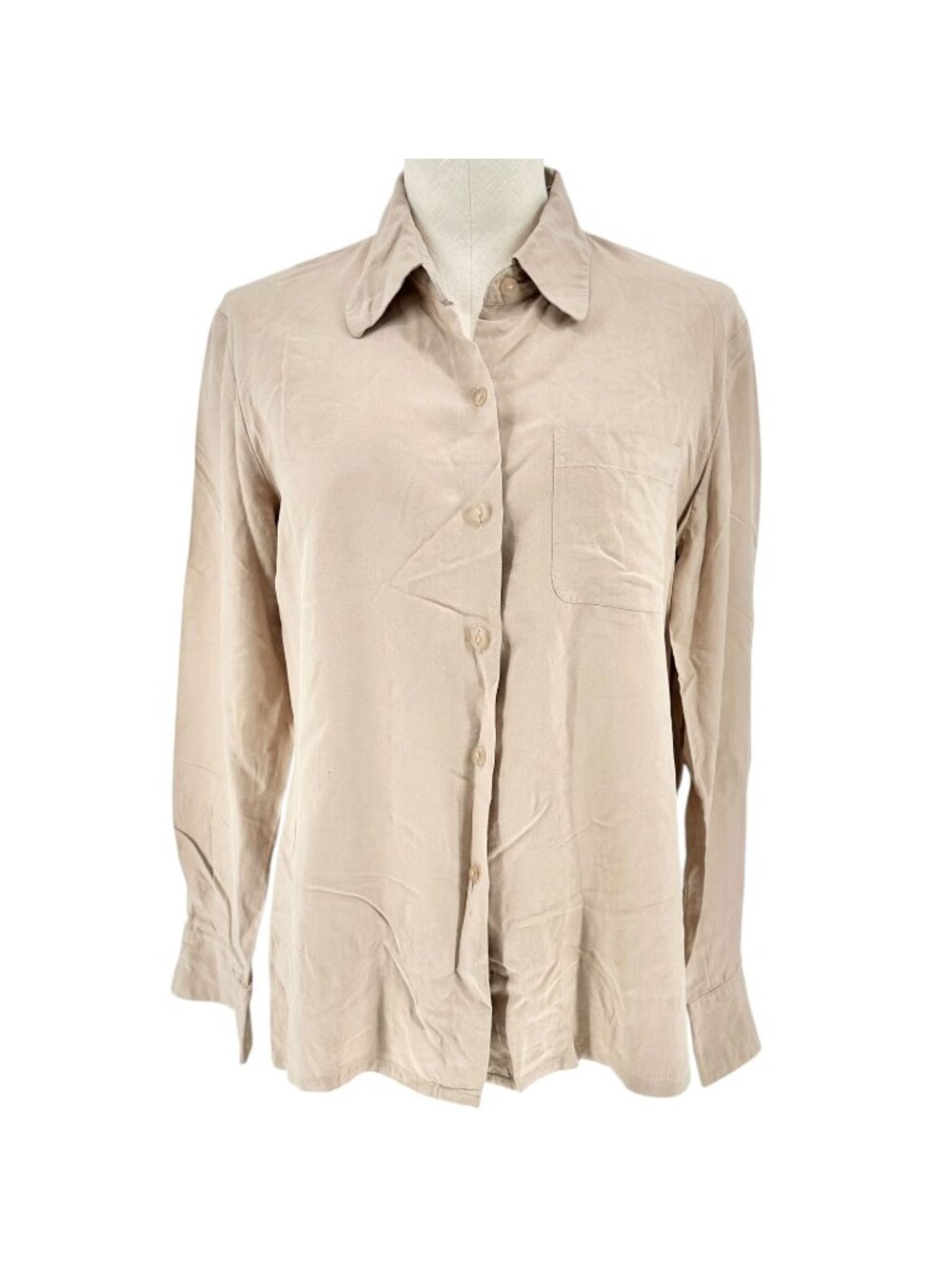 City Silk Button Up Shirt Womens Medium Tan Long Sleeve Collared 100% Silk